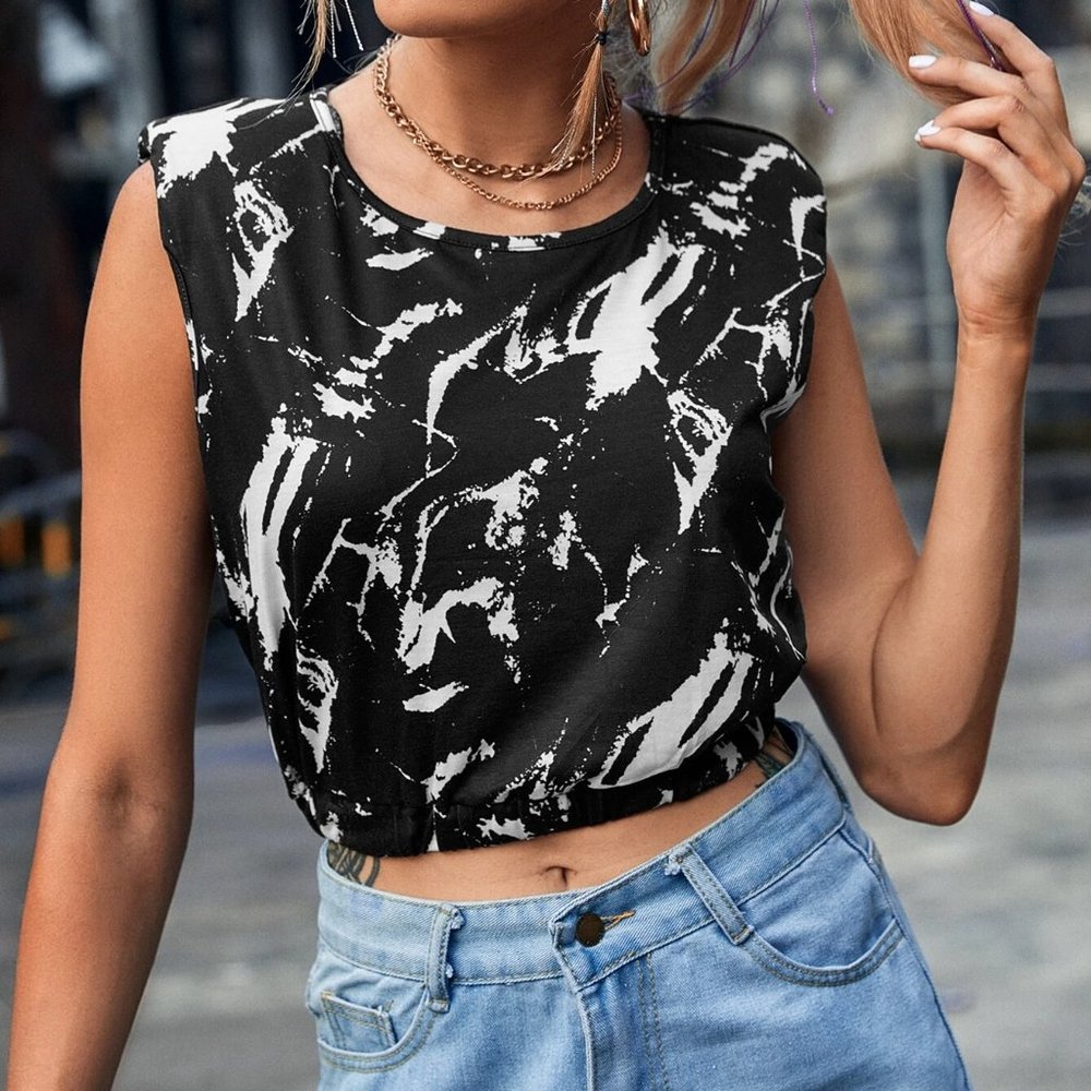 Black & White Shoulder Pad Crop Tank Top
